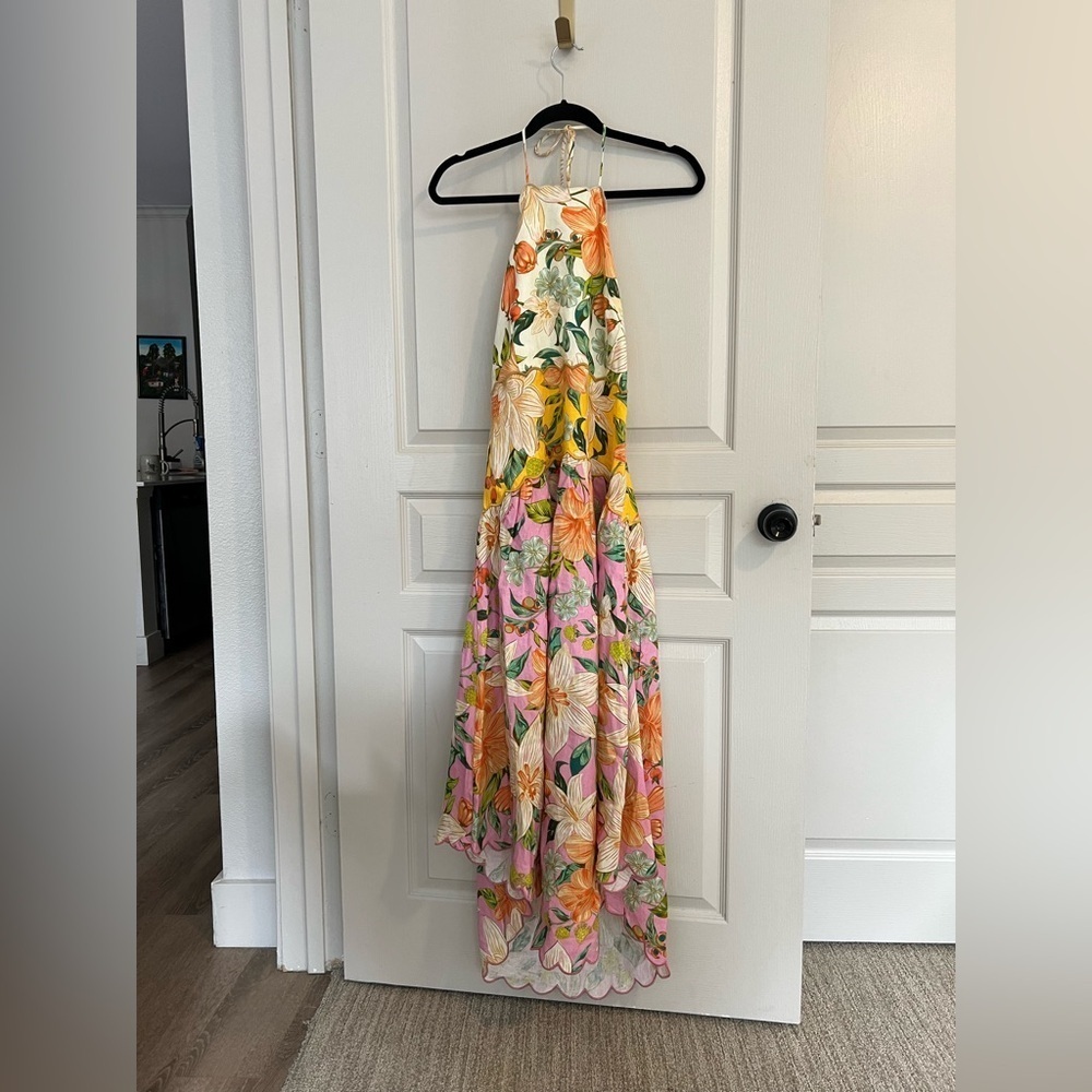 Farm Rio Guaragarden Euroflax Linen Midi Dress Yellow Pink XL NWT - Picture 2 of 13
